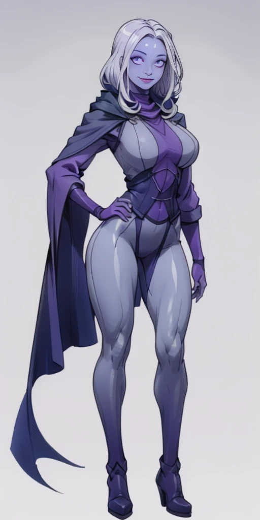 (1solofemale full body standing straight symmetrical, hands on hips) (smile purple makeup) grayscale skin, pale hair and violet eyes. She prefer clothing of white and silver with cloaks of deep blue or purple, blue or purple background (Masterpiece, highres, 4k, very precise detailed)