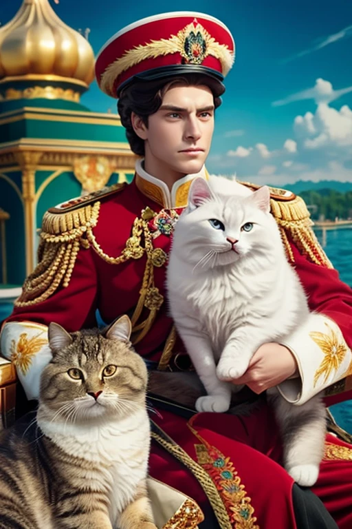 create the Emperor of Russia Peter 1 on a boat in the lake with a big fluffy cat on his lap