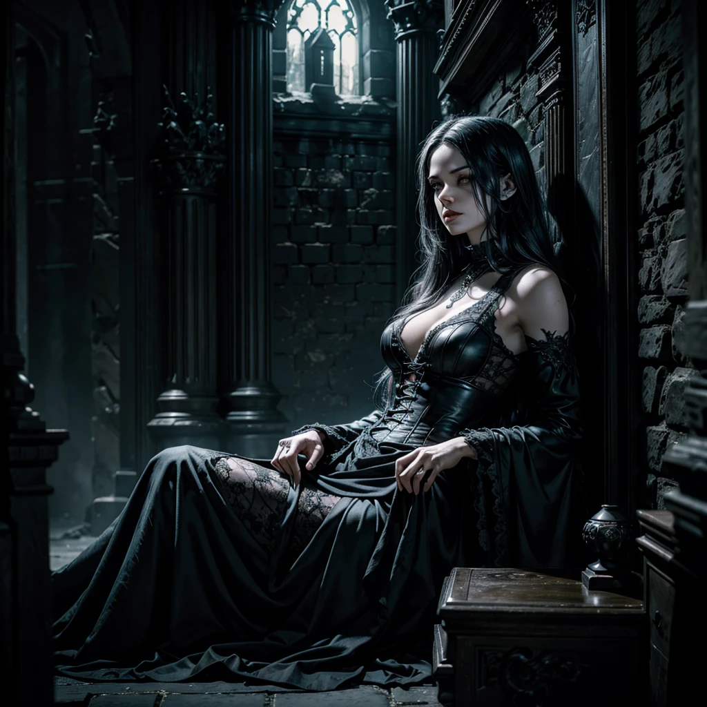 a woman emerging from a gothic style coffin, pale skin, sunken eyes, long black hair, tattered black dress, gothic style tomb, crumbling stone walls, cobwebs, dim lighting, (best quality,4k,8k,highres,masterpiece:1.2),ultra-detailed,(realistic,photorealistic,photo-realistic:1.37),dark fantasy,horror,dramatic lighting,moody atmosphere