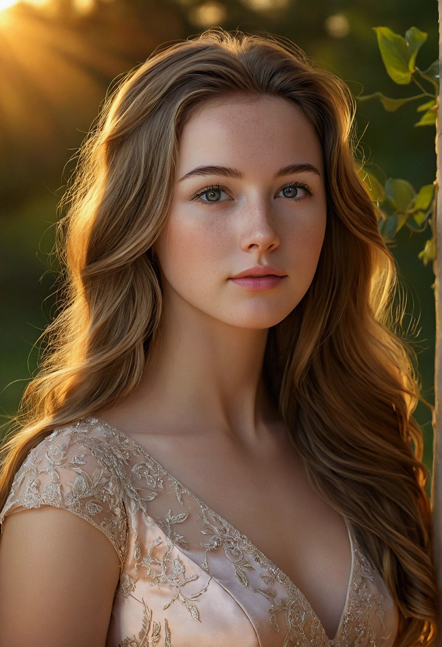 (((Photorealistic))), a beautiful young woman, detailed facial features, long hair, elegant dress, serene expression, natural outdoor setting, sunset, vibrant colors, photorealistic, studio lighting, ethereal atmosphere, masterpiece