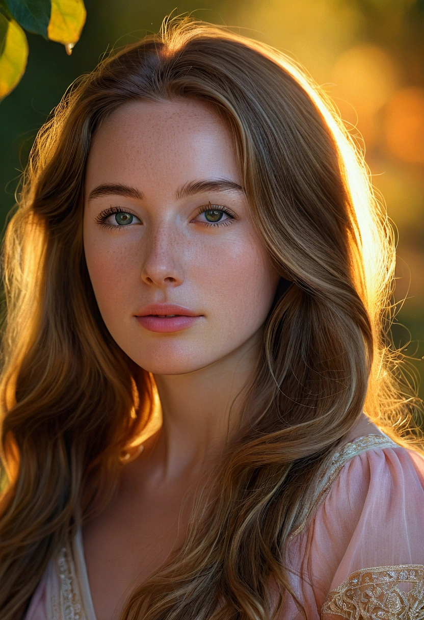 (((Photorealistic))), a beautiful young woman, detailed facial features, long hair, elegant dress, serene expression, natural outdoor setting, sunset, vibrant colors, photorealistic, studio lighting, ethereal atmosphere, masterpiece