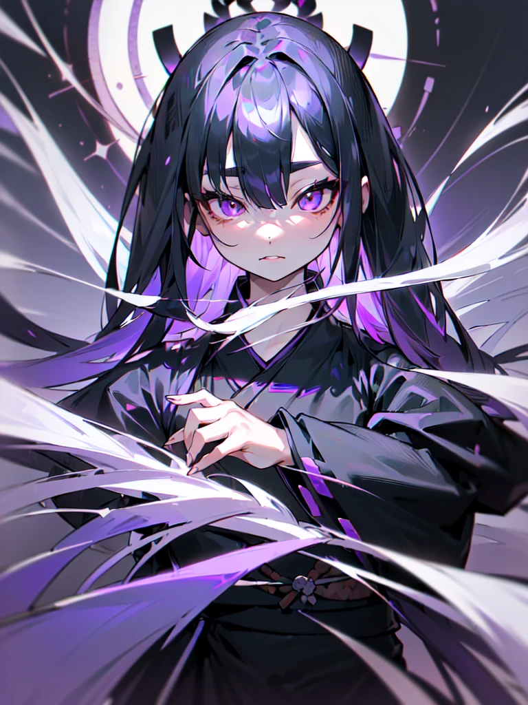 (((All black kimono)))(Purple Japanese-style jacket)((((Face directly ahead))))((((Show the whole picture))))(((All pure white hair)))((Only the tips of the hair are purple))