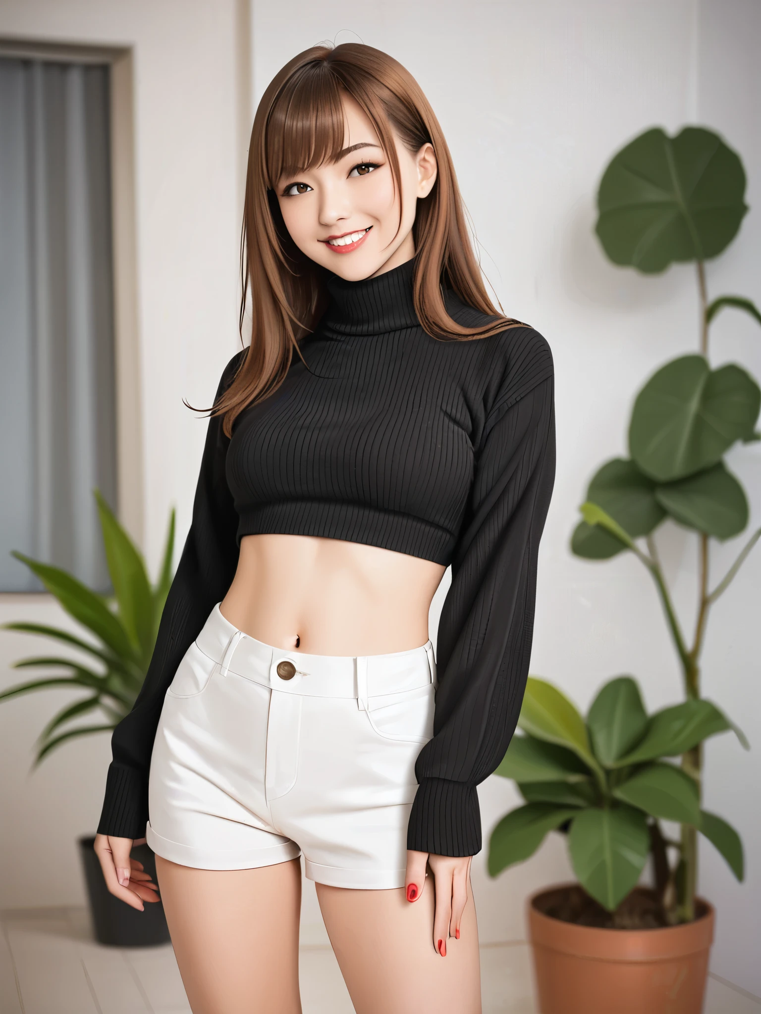 score_9,score_8_up,score_7_up,1girl,solo,long hair,looking at viewer,smile,bangs,skirt,brown hair,long sleeves,navel,brown eyes,standing,parted lips,shorts,midriff,nail polish,grin,blurry,sweater,crop top,fingernails,sleeves past wrists,makeup,turtleneck,plant,lipstick,white shorts,realistic,black sweater,cropped sweater