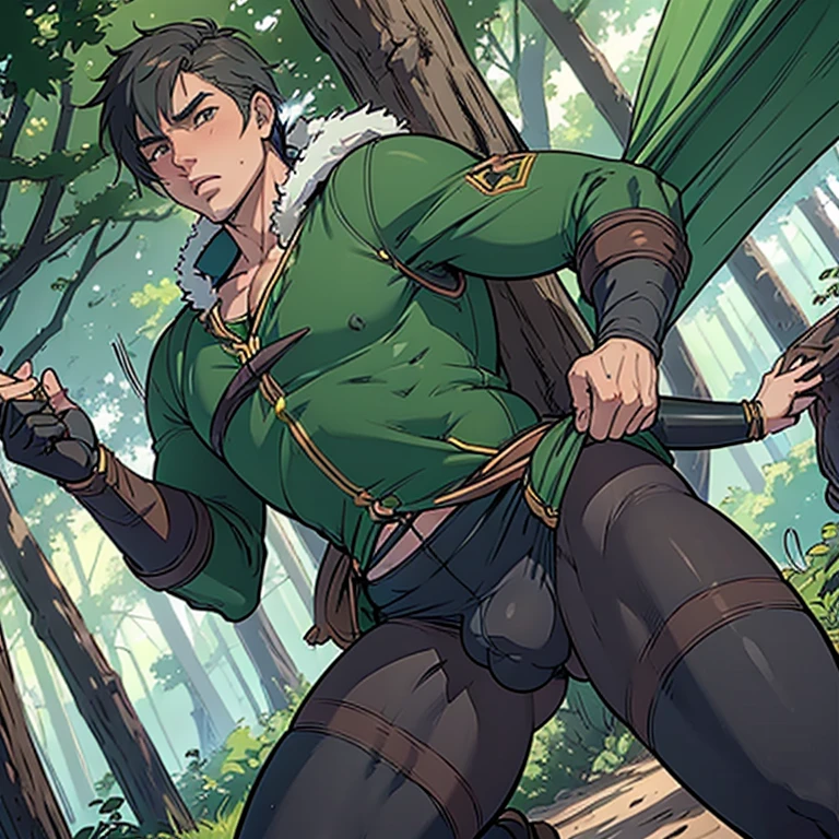 ((Naughty and adventurous Robin hood wearing lewd erotic clothes and tight leggings showing his dick bulge line:)), ((dick inside spandex leggings:0.3 )), gangbang, (robin hood inspired setting), NSFW, hentai, porn, ((inspired by Robin Hood: Men in Tights movie)), ((tights kink)), ((bouncing bulge)), ((huge erection inside his leggings pantyhose)), ((showcasing his thick thighs in tights)), ((friction inside his tights)), ((adventurous Robin hood running in forests from bandits)), ((erect dick under leggings focus:0.2)), ((bandits groping Robin hood)),