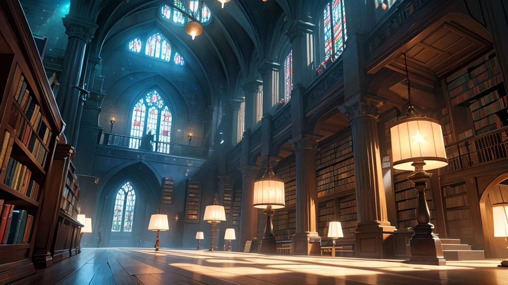 4k ultra HD, perfect lighting, a medieval library shelves lined with books and potions the back wall has a huge window that leads to outer space, galaxies, planets, stars in the distance