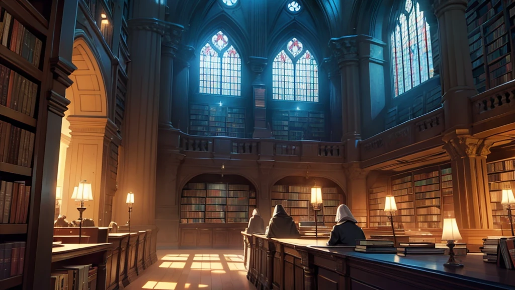 4k ultra HD, perfect lighting, a medieval library shelves lined with books and potions the back wall has a huge window that leads to outer space, galaxies, planets, stars in the distance