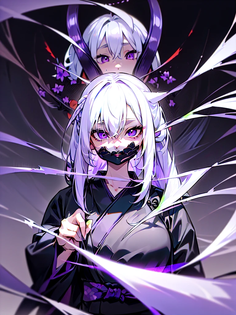 (((All black kimono)))(Purple Japanese-style jacket)((((Face directly ahead))))((((Show the whole picture))))(((All pure white hair)))((Only the tips of the hair are purple))