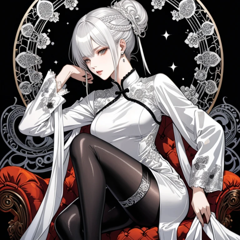 in style of Harry Clarke,in style of David Sims, 
1girl,tied hair,black leather long-sleeved wraps,
BREAK
insanely detailed and intricate,hypermaximalist,elegant,ornate,hyper realistic,super detailed,
BREAK
white_background,ghostwhite over-the-knee stockings,(ghostwhite silk cheongsam collar t-line tights:1.2),