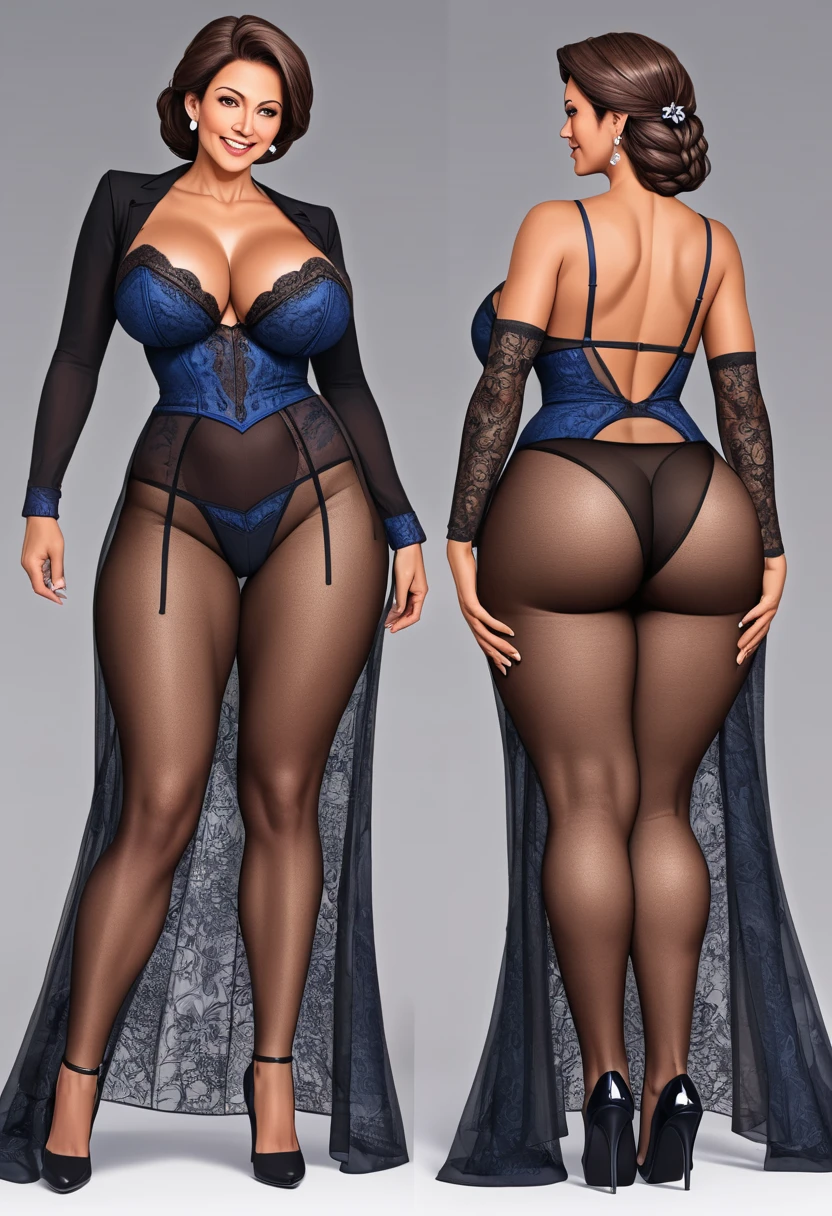 masterpiece, absurdities, best high quality image, carefully detailed textures, very detailed image and background, multiple views. big breasts, big hips, full body shot, mature mother, voluptuous thighs, seductive mature woman, perfect body, plus size model, lingerie suit, Wear heels, tanned skin, long hair tied in a braid, beautiful face, beautiful voluptuous and curvy figure, nice big and delicious legs, beautiful arms, huge tits, beautiful hips, huge butt. Mischievous smile. mature woman 40 to 45 years old