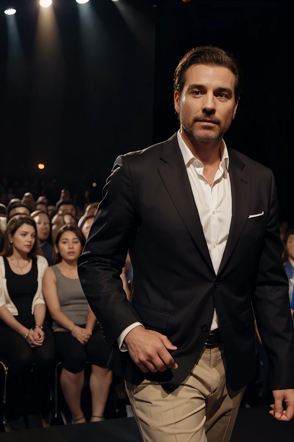 master leading a crowd behind him on a stage, LEADER, adult american man, chic