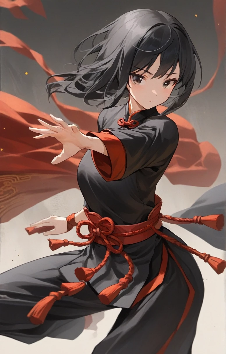 girl, halfling, adventurer, chinese costume, kung fu, elegant, flat chest, black hair, justice