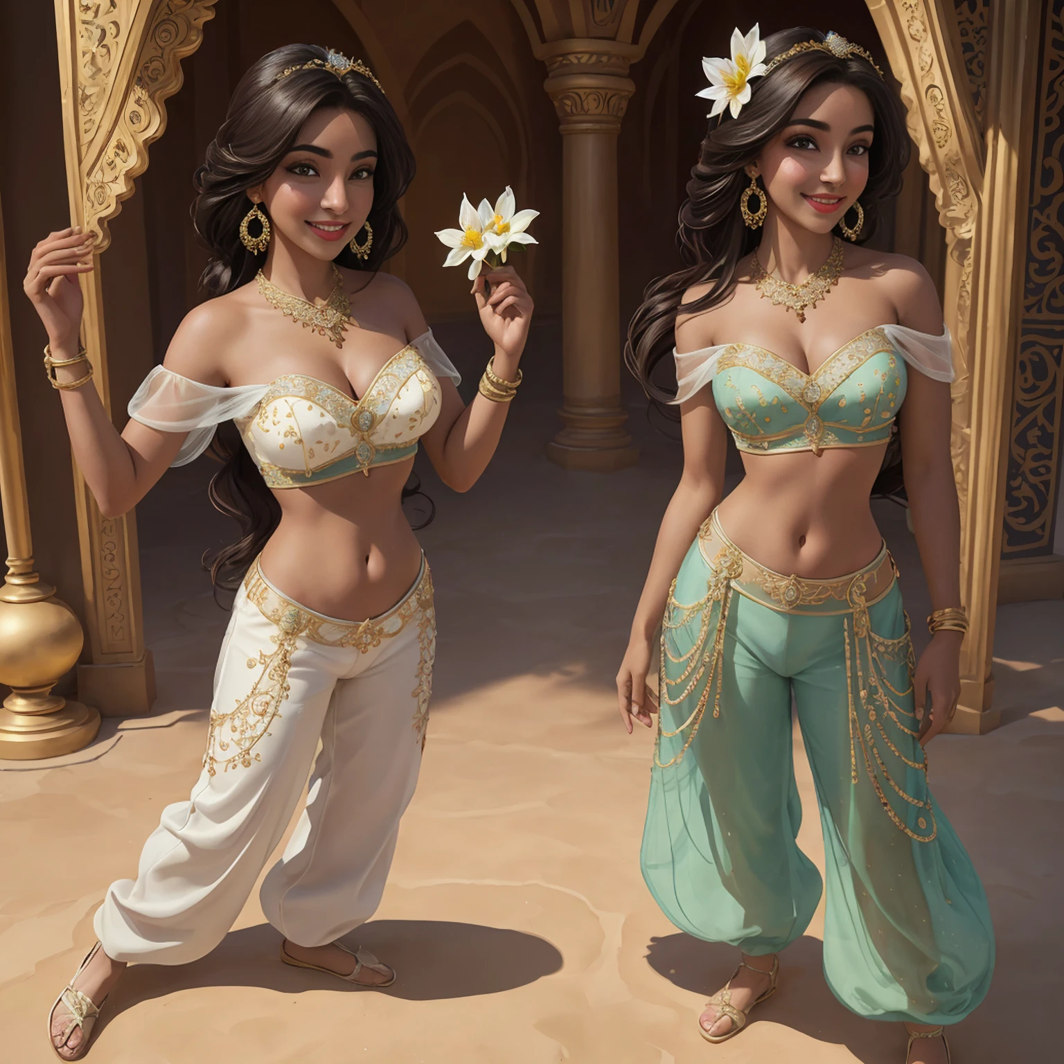 ((Full body photo, standing, on the floor)) jasmine 1girl, solo, breasts, smile, open mouth, navel, holding, bare shoulders, jewelry, flower, earrings, midriff, pants, necklace, off shoulder, bracelet, see-through, white flower, yolk, off-shoulder shirt, holding flower, multi-tied hair, arabic clothes (realistic: 1.2), (realism), (masterpiece: 1.2), (best quality), (ultra detailed), (8k, 4k, intricate), (full-body-shot:1), (85mm), light particles, lighting, (highly detailed: 1.2), (detailed face: 1.2), (gradients), sfw, colorful,(detailed eyes:1.2)(detailed background),detailed landscape, (dynamic angle:1.2), (dynamic pose:1.2), (rule of third_composition:1.3), (line of action:1.2)