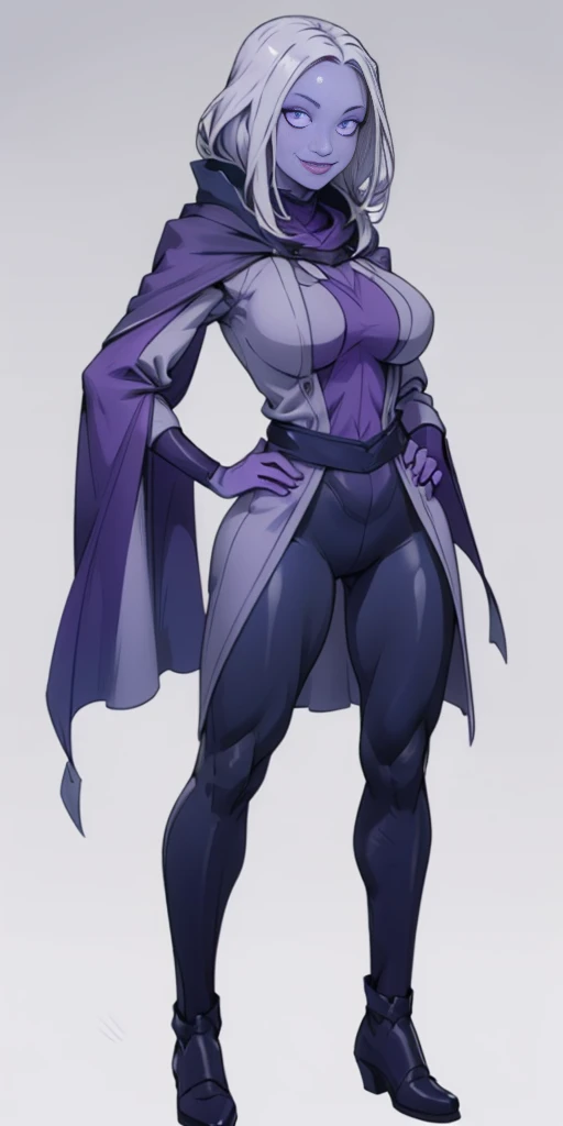 (1solofemale full body standing straight symmetrical, hands on hips) (smile purple makeup) grayscale skin, pale hair and violet eyes. She prefer clothing of white and silver with cloaks of deep blue or purple, blue or purple background (Masterpiece, highres, 4k, very precise detailed)