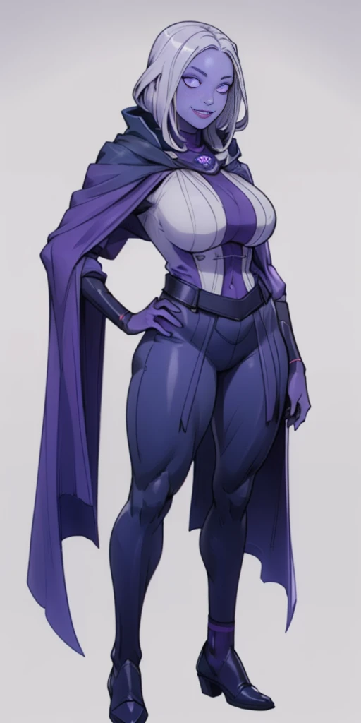 (Masterpiece, grey background:1.2) full body standing straight symmetrical looking to the viewer, view from below, far shot, cow boy shot, purple skin, drow, elf, 1girl, mature, purple eyes, pinched eyes, short silver white hair cut (yellow tiger bikini print long sleeves and long stockings) abs, navel, big knockers, tatter rags, leather choker, chain collar, stomach tattoo (red tattoo) hands on hips, wide hips, thick thighs, metal sandals