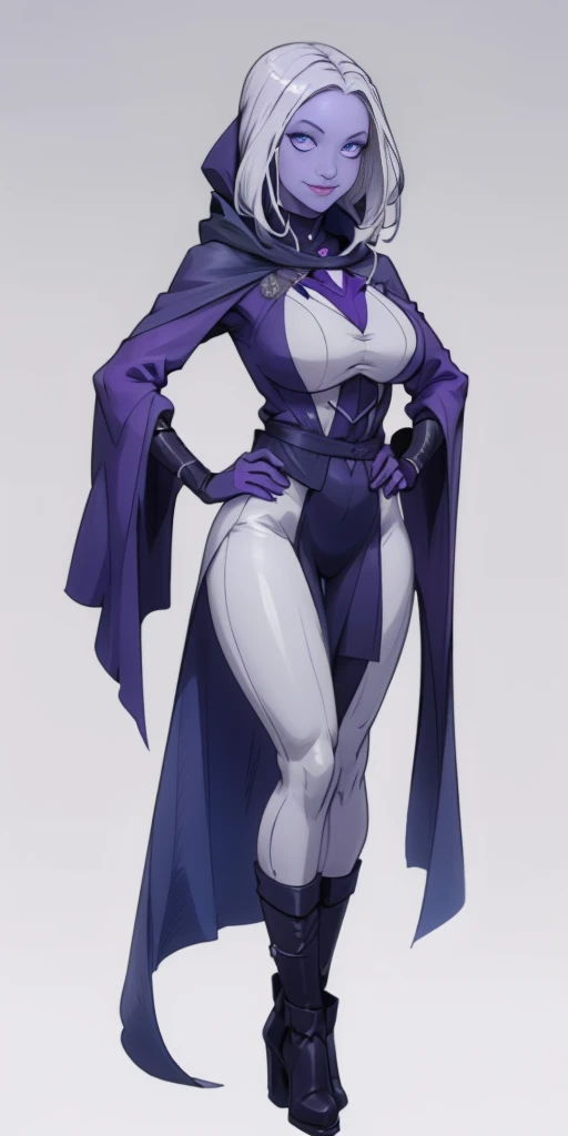(1solofemale full body standing straight symmetrical, hands on hips) (smile purple makeup) grayscale skin, pale hair and violet eyes. She prefer clothing of white and silver with cloaks of deep blue or purple, blue or purple background (Masterpiece, highres, 4k, very precise detailed)