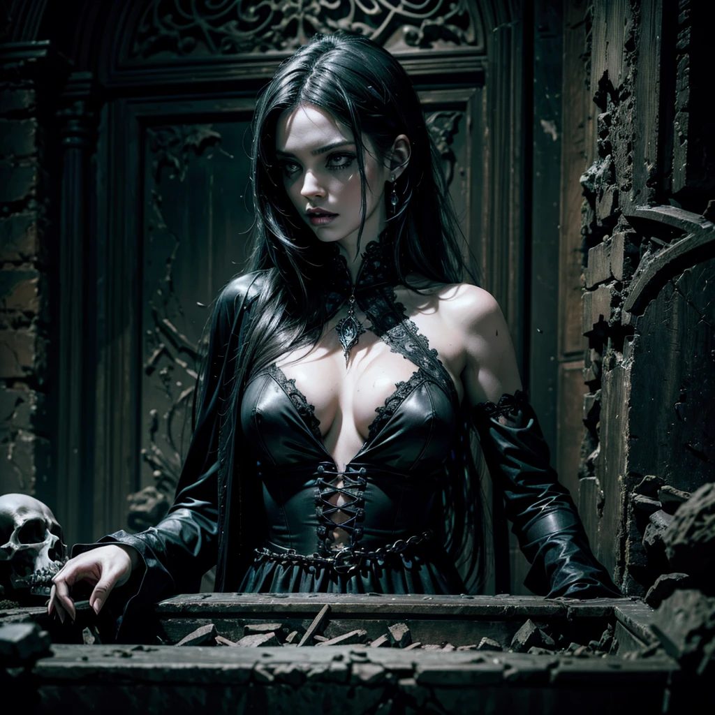 a sexy zombie woman emerging from a gothic style coffin, pale skin, sunken eyes, long black hair, tattered black dress, gothic style tomb, crumbling stone walls, cobwebs, dim lighting, (best quality,4k,8k,highres,masterpiece:1.2),ultra-detailed,(realistic,photorealistic,photo-realistic:1.37),dark fantasy,horror,dramatic lighting,moody atmosphere