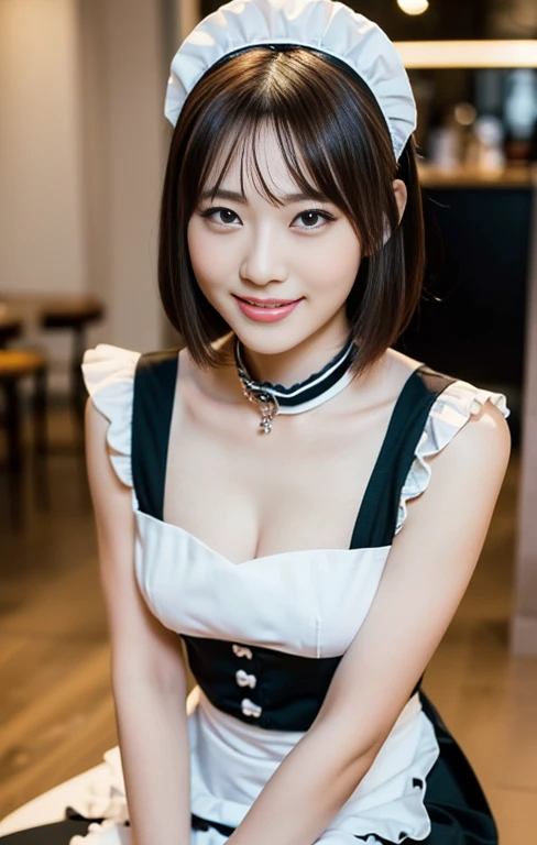 (A beautiful lady with a timeless-elegance maid outfit, at Lou's Cafe, Hill Valley in AD1955, sitting on the ground. She has a friendly body language, dimpled cheeks, kind smile, positive vibes, cowboy_shot, wearing high heels, red ribbon collar, short bob hair, sitting on the ground pose, masterpiece, bokeh night background,(best quality,4k,8k,highres,masterpiece:1.2),ultra-detailed,(realistic,photorealistic,photo-realistic:1.37),detailed facial features,beautiful detailed eyes,beautiful detailed lips,extremely detailed face,longeyelashes,maid uniform,maid cafe interior,studio lighting,vivid colors,warm lighting)  #BTTF #DeLorean #TimeMachine