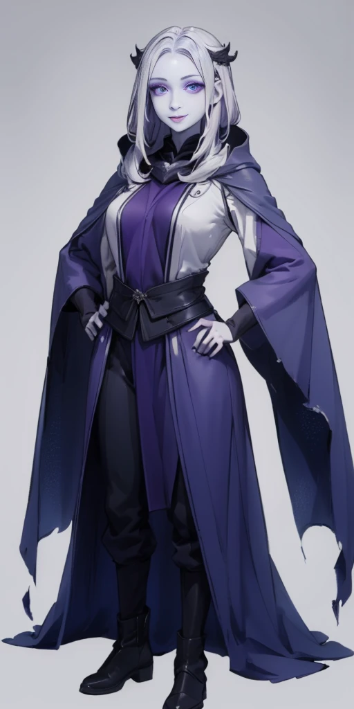 (1solofemale full body standing straight symmetrical, hands on hips) (smile purple makeup) grayscale skin, pale hair and violet eyes. She prefer clothing of white and silver with cloaks of deep blue or purple, blue or purple background (Masterpiece, highres, 4k, very precise detailed)