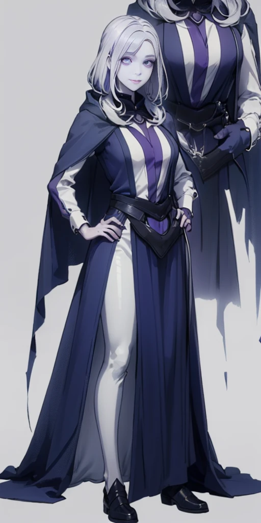 (1solofemale full body standing straight symmetrical, hands on hips) (smile purple makeup) grayscale skin, pale hair and violet eyes. She prefer clothing of white and silver with cloaks of deep blue or purple, blue or purple background (Masterpiece, highres, 4k, very precise detailed)