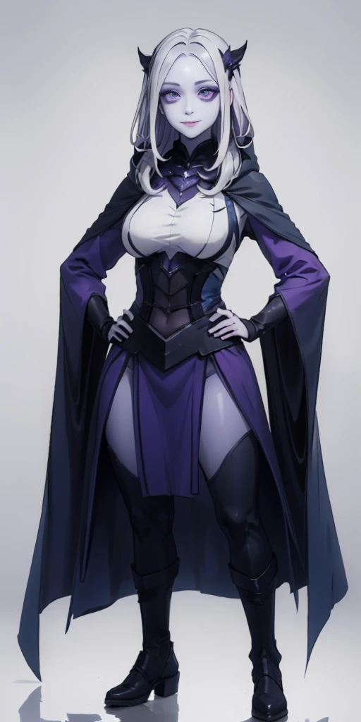 (1solofemale full body standing straight symmetrical, hands on hips) (smile purple makeup) grayscale skin, pale hair and violet eyes. She prefer clothing of white and silver with cloaks of deep blue or purple, blue or purple background (Masterpiece, highres, 4k, very precise detailed)