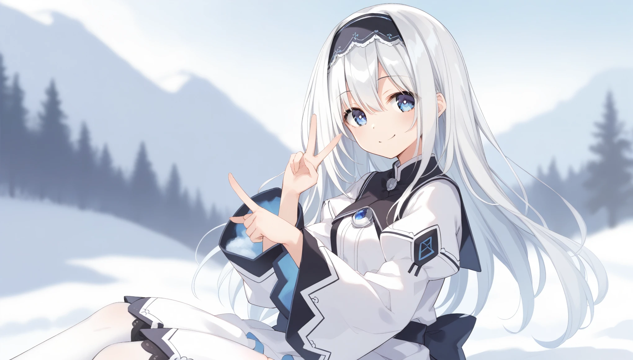 score_9, score_8_up, score_7_up, arusu maria,1girl, solo, long hair, blue eyes, white hair,hair between eyes,white dress,white thighhighs, long sleeves, wide sleeves,black hairband,Face, close-up, upper body, peace pose, smiling, sit, rised hand, snow background