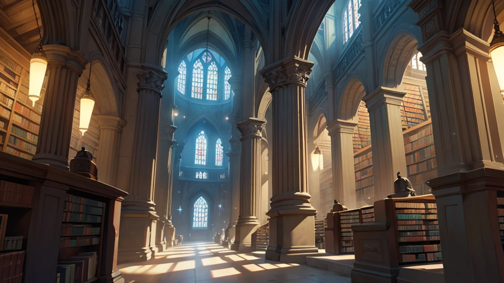 4k ultra HD, perfect lighting, a medieval library shelves lined with books the back wall has a huge archway that leads to outer space, galaxies, planets, stars