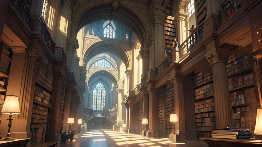 4k ultra HD, perfect lighting, a medieval library shelves lined with books the back wall has a huge archway that leads to outer space, galaxies, planets, stars