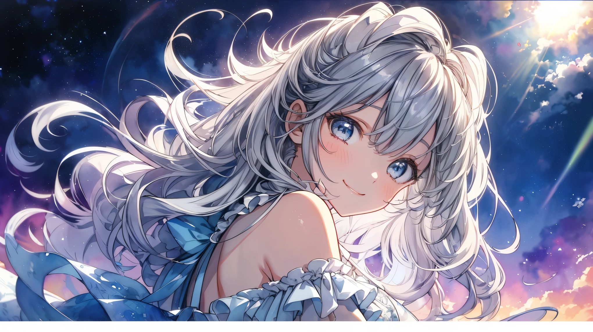 ((Ultra-detailed),Celestial sky background,beautiful clouds,Rear window light is backlit.,factor,Watercolor pattern in calm colors.),(watercolor texture), ((1 girl),long gray hair,by rubio,e Blue Eyes,adorable,angelic),smile of light,lolita prostitute,The highest image quality