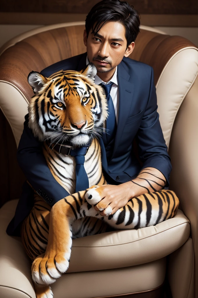 Tiger sitting on the armchair in a suit