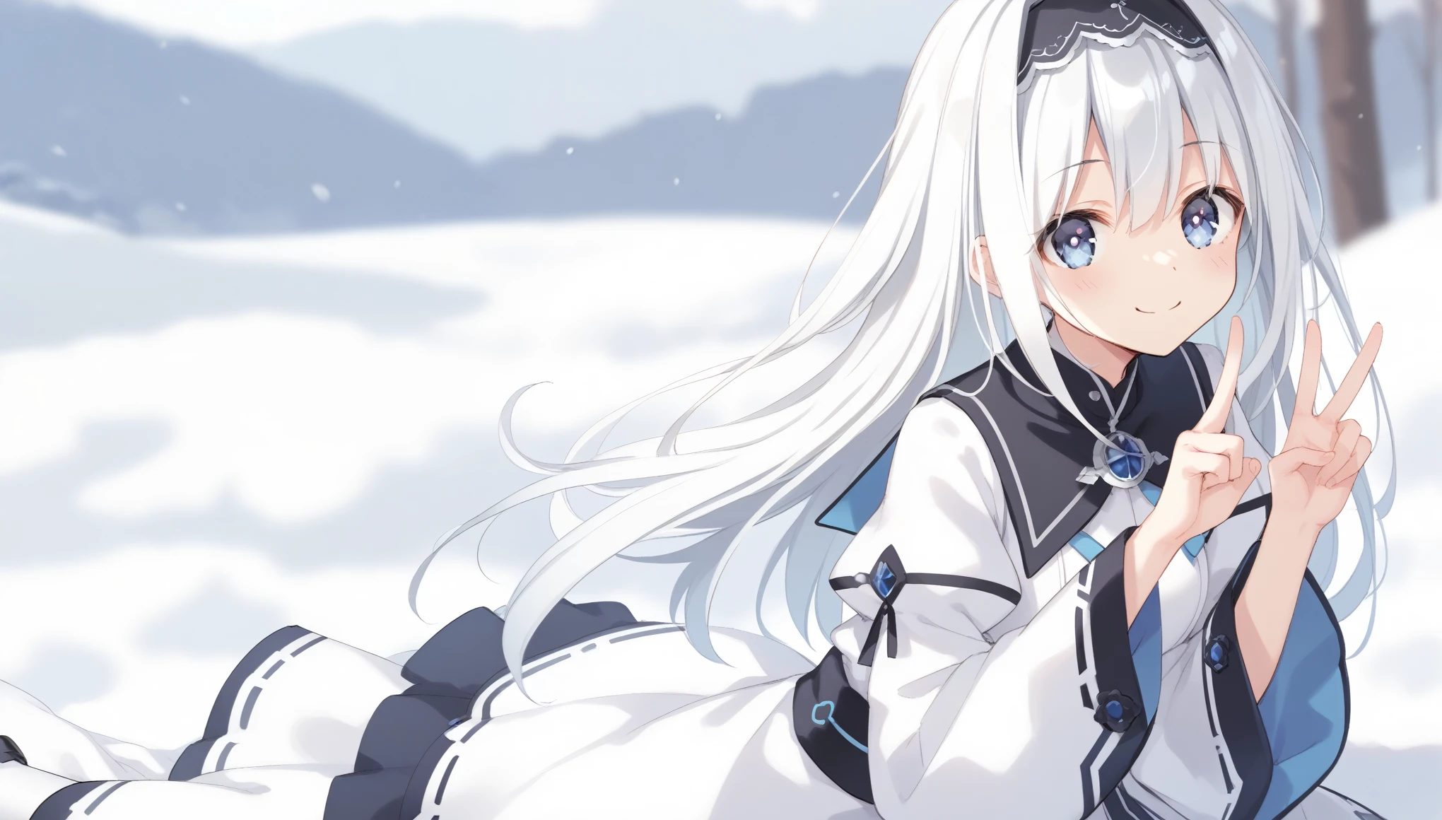 score_9, score_8_up, score_7_up, arusu maria,1girl, solo, long hair, blue eyes, white hair,hair between eyes,white dress,white thighhighs, long sleeves, wide sleeves,black hairband,Face, close-up, upper body, peace pose, smiling, sit, rised hand, snow background