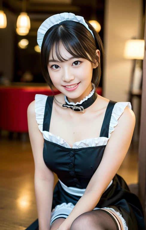 (A beautiful lady with a timeless-elegance maid outfit, at Lou's Cafe, Hill Valley in AD1955, sitting on the ground. She has a friendly body language, dimpled cheeks, kind smile, positive vibes, cowboy_shot, wearing high heels, red ribbon collar, short bob hair, sitting on the ground pose, masterpiece, bokeh night background,(best quality,4k,8k,highres,masterpiece:1.2),ultra-detailed,(realistic,photorealistic,photo-realistic:1.37),detailed facial features,beautiful detailed eyes,beautiful detailed lips,extremely detailed face,longeyelashes,maid uniform,maid cafe interior,studio lighting,vivid colors,warm lighting) #BTTF #DeLorean #TimeMachine