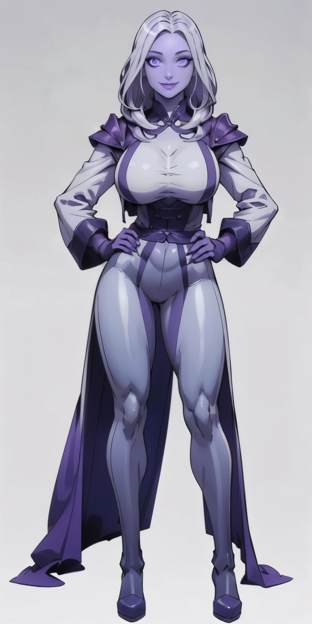 (1solofemale full body with knockers covered standing straight symmetrical, hands on hips) (smile purple makeup) grayscale skin, pale golden hair and violet eyes. She prefer clothing of white and silver with cloaks of deep blue or purple, blue or purple background (Masterpiece, highres, 4k, very precise detailed)