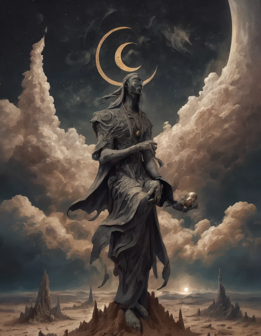 highly detailed, 8k, masterpiece, clouds, night sky, abstract, spikes, the dreamer god of the void holding the moon in his hand, male, black mountains, dust, ruins in the moon, falling sand, waterfalls, night, abstract, alchemic symbols, occult