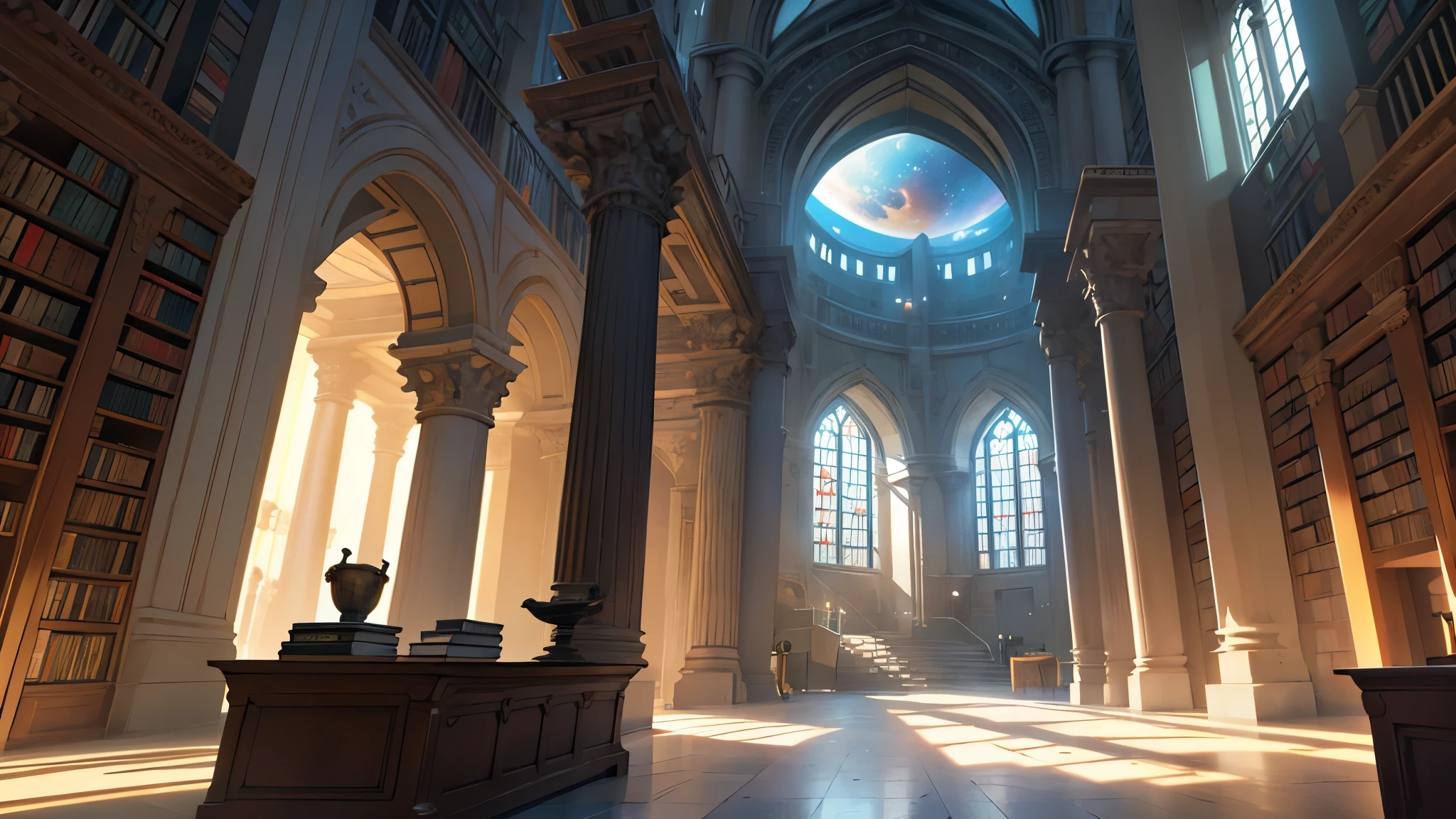 4k ultra HD, perfect lighting, a medieval library shelves lined with books the back wall has a huge archway that leads to outer space, galaxies, planets, stars