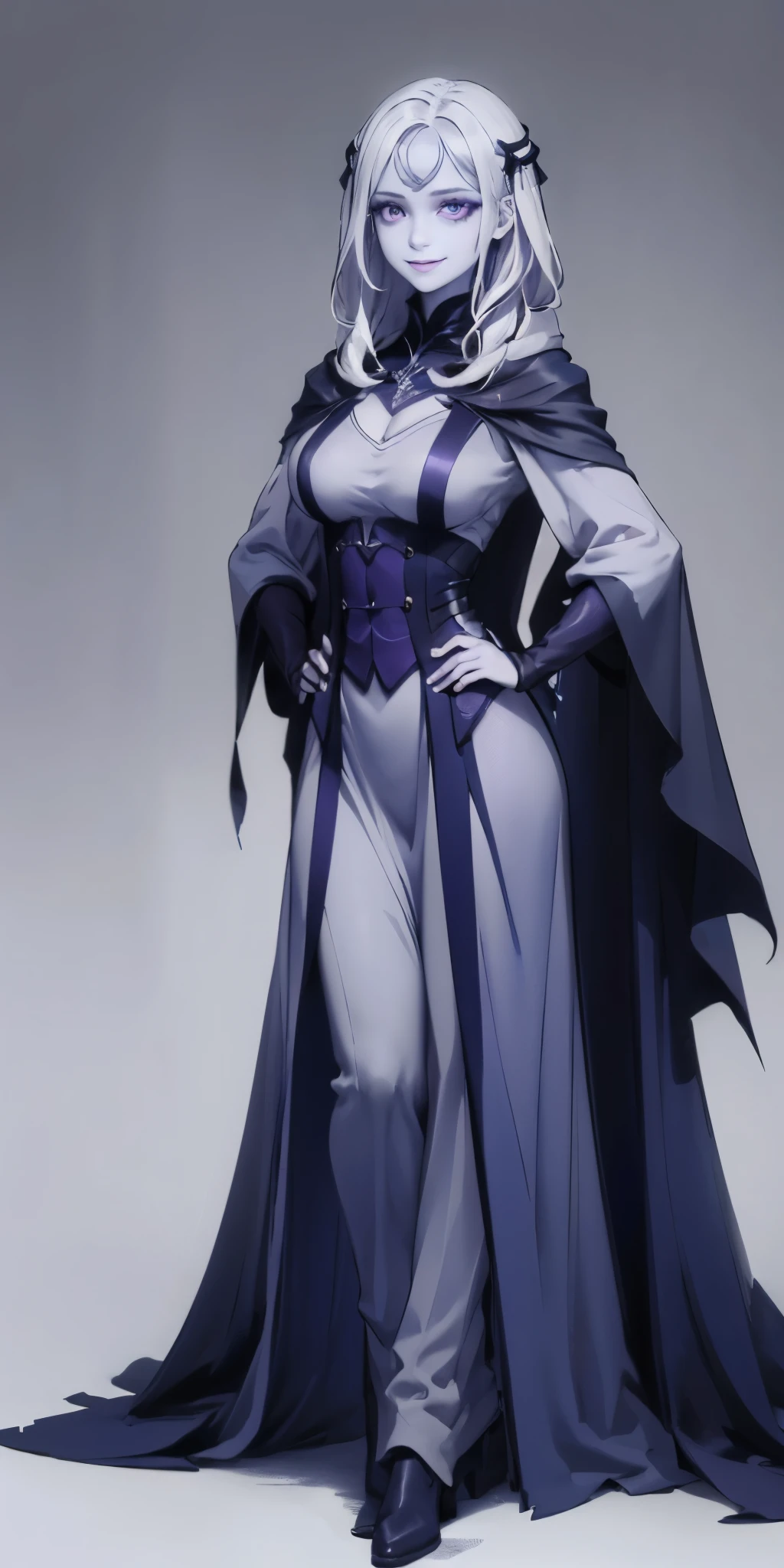 (1solofemale full body standing straight symmetrical, hands on hips) (smile purple makeup) grayscale skin, pale hair and violet eyes. She prefer clothing of white and silver with cloaks of deep blue or purple, blue or purple background (Masterpiece, highres, 4k, very precise detailed)