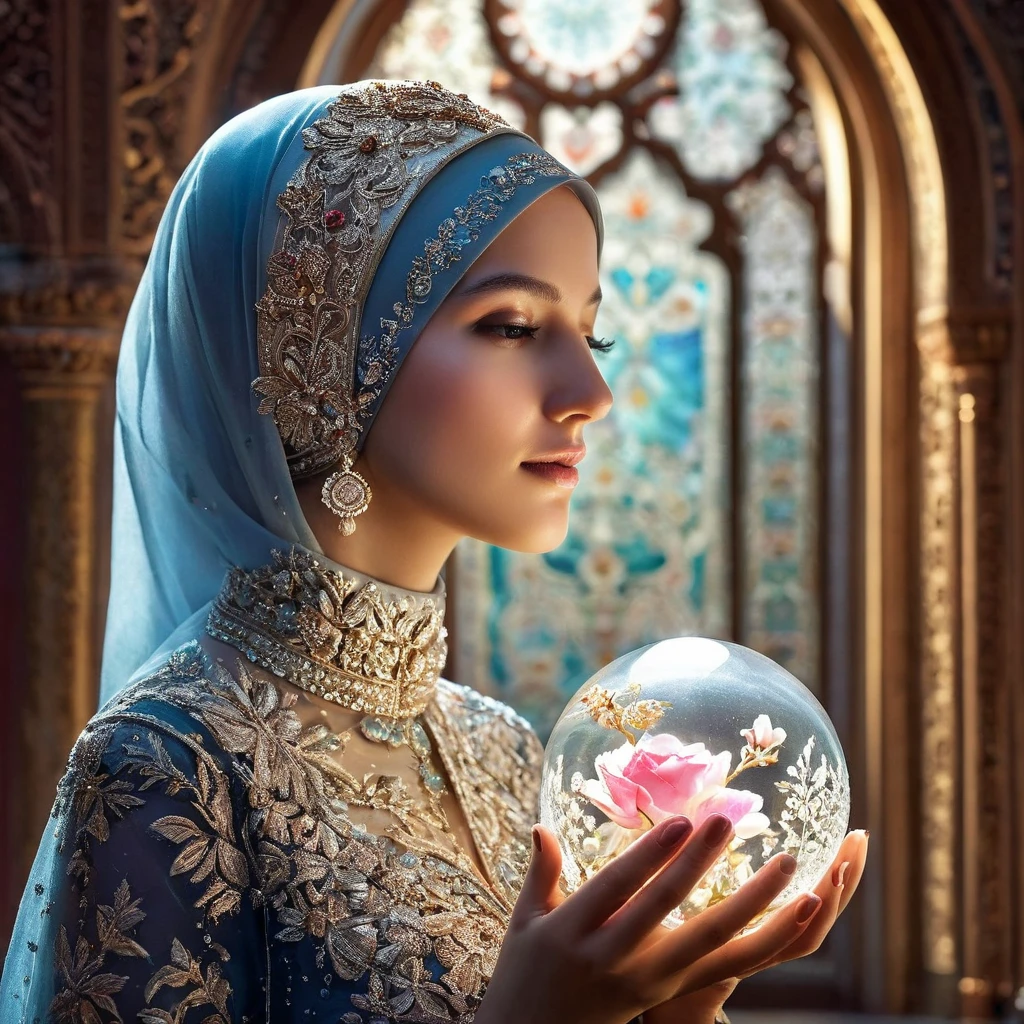 "Ultra-realistic illustration of a serene woman in a traditional dress and hijab, adorned with intricate embroidery and a delicate crown, kneeling inside a beautifully crafted glass dome. She holds a smaller glass sphere containing a blooming flower. The background features a richly decorated, dimly lit room with a mystical ambiance. The scene is illuminated by gentle, soft lighting that highlights the ornate details of the woman's attire and the glass dome. The image captures an ethereal, almost magical quality with ultra-detailed textures and realistic reflections on the glass surfaces."