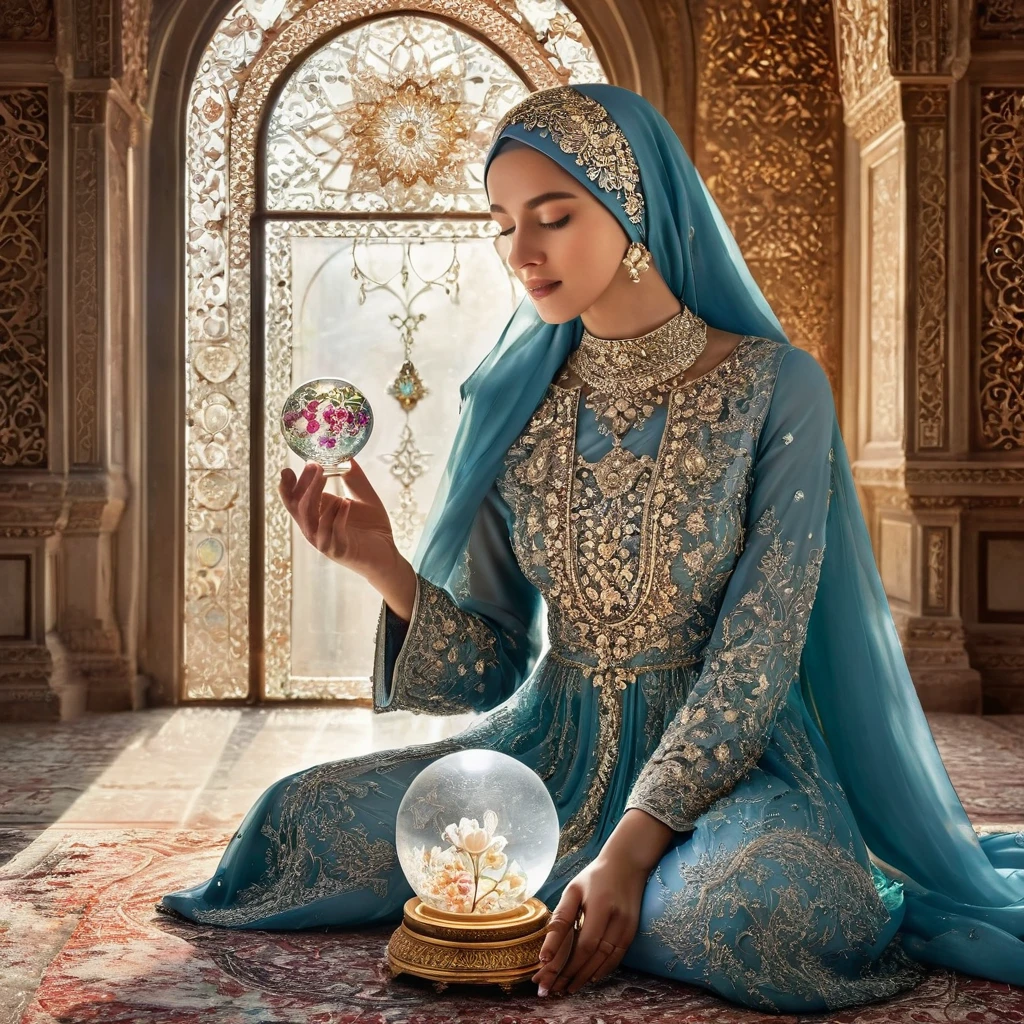 "Ultra-realistic illustration of a serene woman in a traditional dress and hijab, adorned with intricate embroidery and a delicate crown, kneeling inside a beautifully crafted glass dome. She holds a smaller glass sphere containing a blooming flower. The background features a richly decorated, dimly lit room with a mystical ambiance. The scene is illuminated by gentle, soft lighting that highlights the ornate details of the woman's attire and the glass dome. The image captures an ethereal, almost magical quality with ultra-detailed textures and realistic reflections on the glass surfaces."