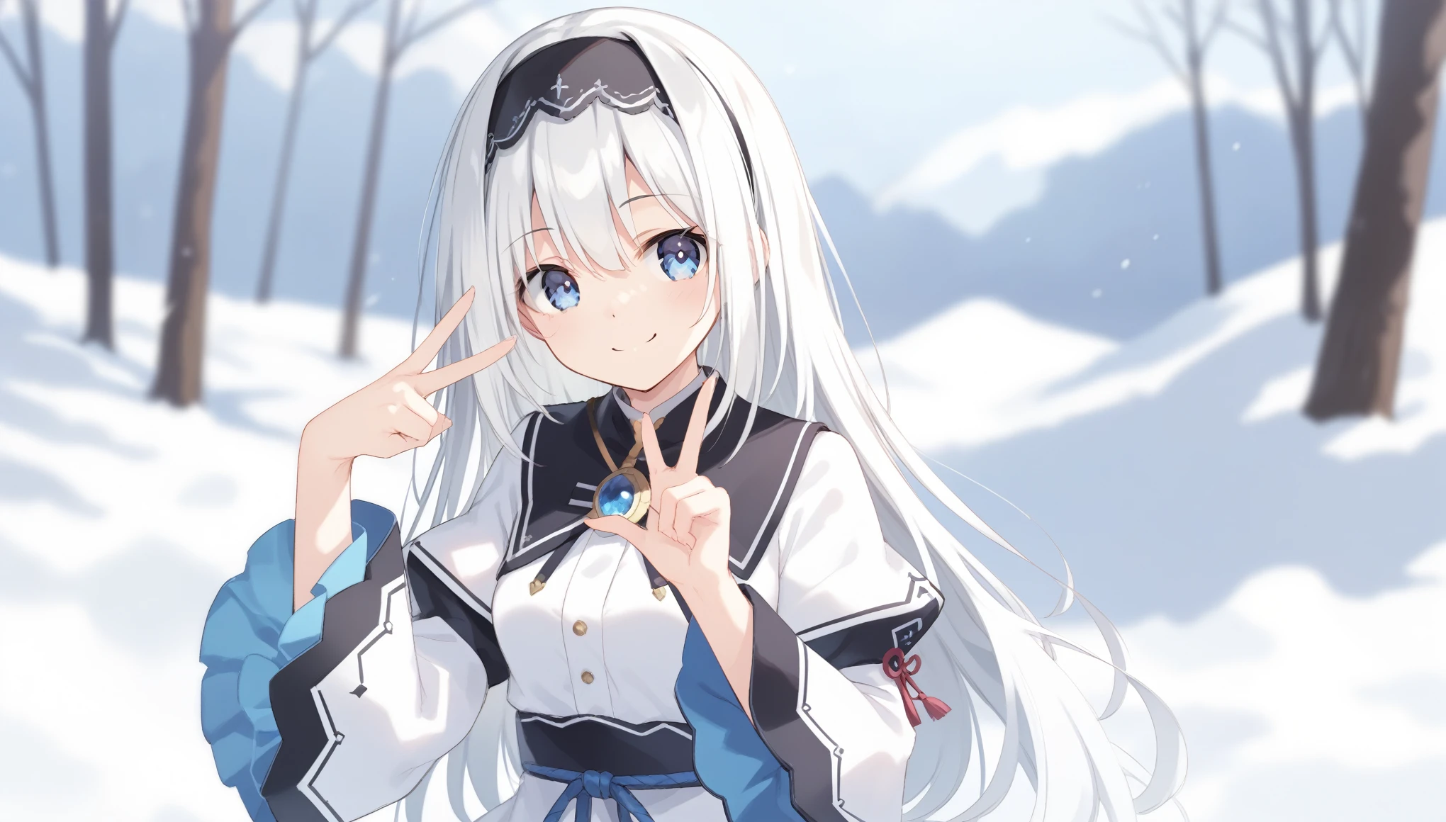 score_9, score_8_up, score_7_up, arusu maria,1girl, solo, long hair, blue eyes, white hair,hair between eyes,white dress,white thighhighs, long sleeves, wide sleeves,black hairband,Face, close-up, upper body, peace pose, smiling, sit, rised hand, snow background