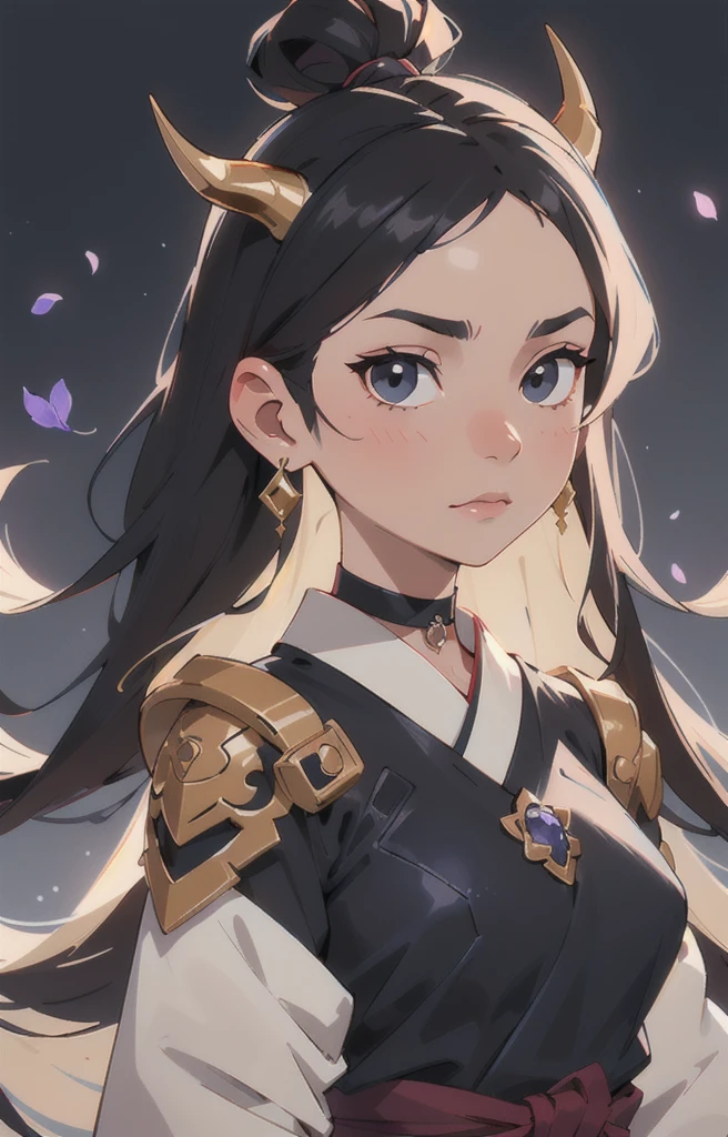 Seven Rhaeyar (Deylta), Ancient Star goddess, Perfect female anatomy (Royalty, Adult Female, 166cm in height, Cool pale skin, slim, slender, 34D breast size, Long Jet Black Hair, Gray Colored Iris , a set of Jet black colored horns on her head), Neutral facial expression, Elegant black uniform dress, female choker accessory with silver complimentary jewelry, dragon motifs, Black rope accessories, Simple Background, receiving light from the front, the focal point is her face, Ethereal glow, Blue Rose petals falling, Japanese inspired, bring her very close up, face image, detailed features, high quality resolution, shoulder up portrait