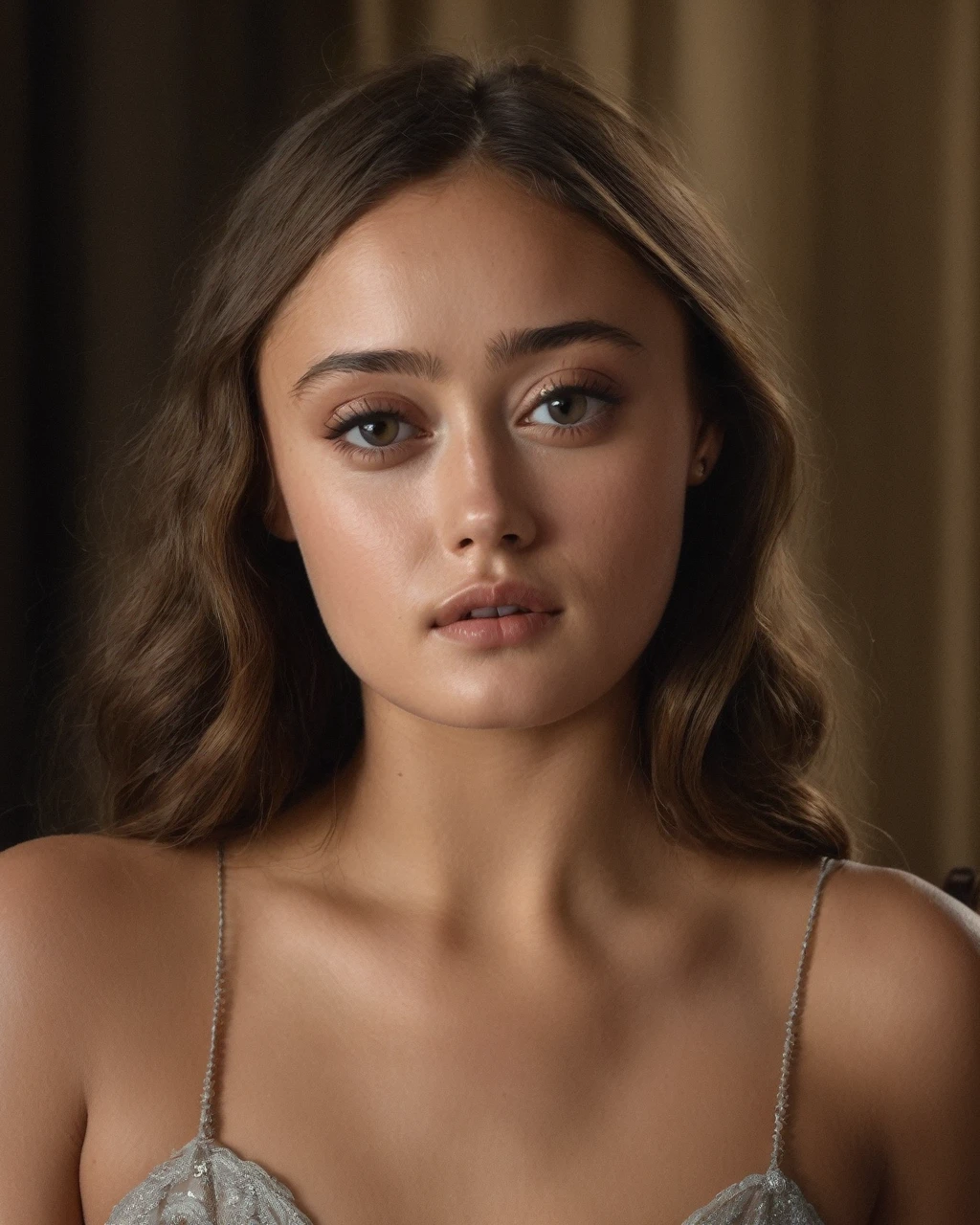 ella_purnell, solo, long hair, looking at viewer, ((perfect eyes, detailed eyes,realistic eyes)), ((sharp face, detailed face, realistic face, naturtal skin, realistic skin, detailed skin, pores)), sitting on chair naked, visible vagina