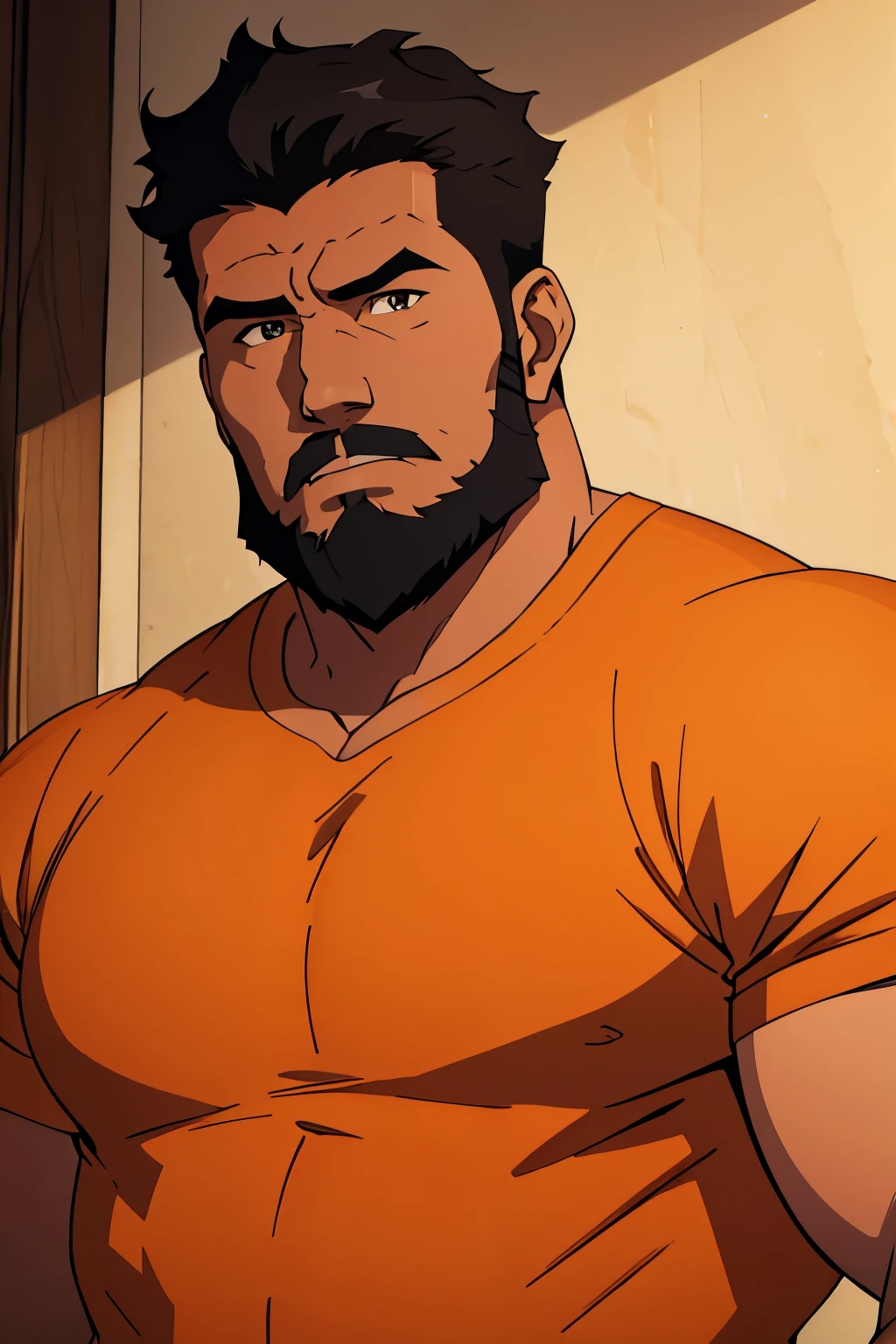 Masterpiece, Best Quality, Ultra Detailed, 1man, mature male, muscular, hunk, bara, jock, beef, dad, black skin, black, taned skin, latino, 36 years old, black hair, beard, stubble, stubble beard, big beard, overcut hair, looking at the viewer, serious expression, orange shirt, half body shot