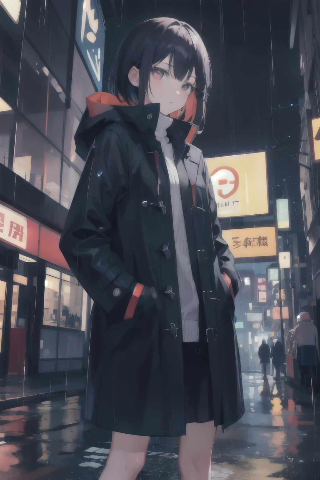 1girl,night city,rain,coat,hands in pockets