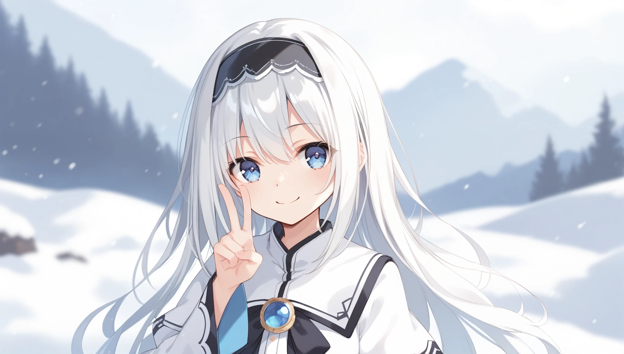 score_9, score_8_up, score_7_up, arusu maria,1girl, solo, long hair, blue eyes, white hair,hair between eyes,white dress,white thighhighs, long sleeves, wide sleeves,black hairband,Face, close-up, upper body, peace pose, smiling, sit, rised hand, snow background