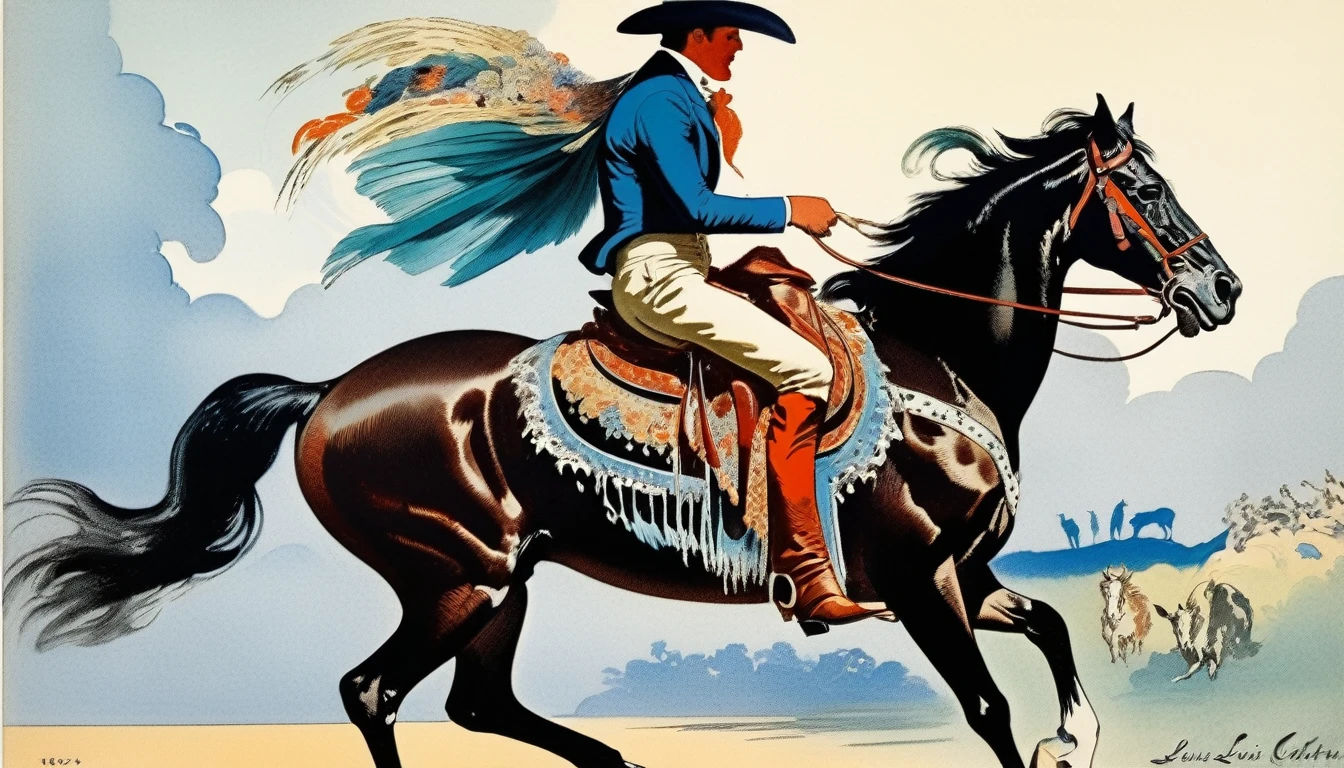 (best quality, Masterpiece:1,1), ((illustration by Louis Icart)),Western Cowboy, improvisation, Detailed illustration, grotesque,
 Intricate details, tempering, (aesthetics), excitement, hyperrealistic, insanely detailed, ((Louis Icarth style)