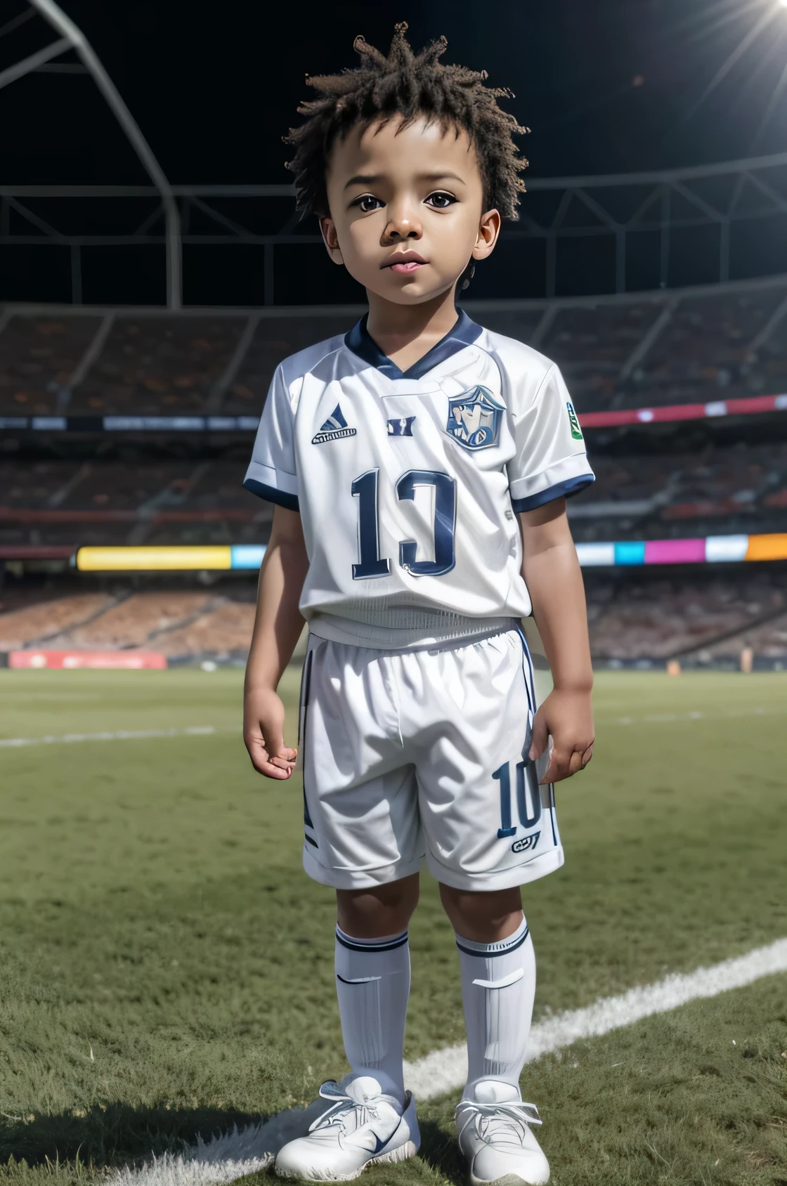 Baby boy in white football outfit, front angle, standing, black boy, Brazilian football, newborn