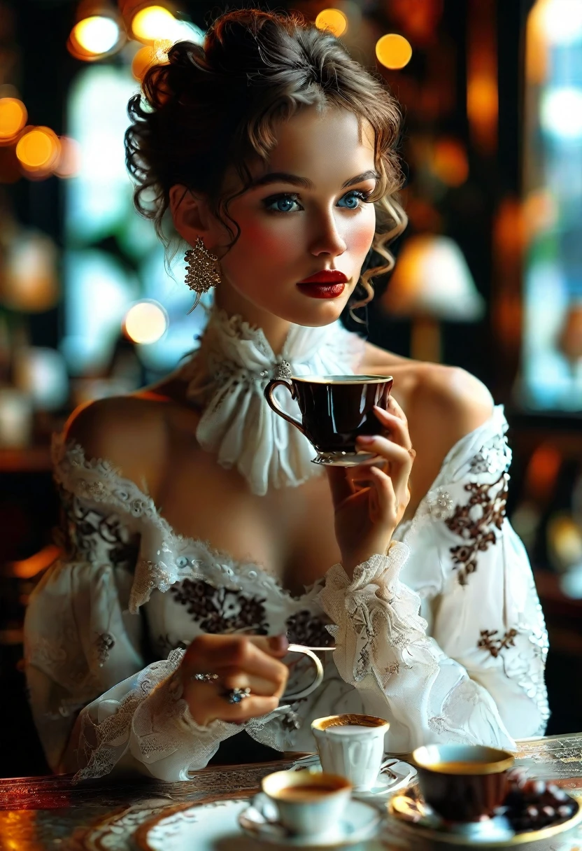 A breathtakingly striking woman, the epitome of elegance, sips on a steaming cup of coffee while delicately biting into a piece of chocolate. She is adorned in a pristine white outfit, her stockings adding a touch of sophistication. The unique art surrounding her in the café only amplifies her beauty. The scene is captured in a high-quality photograph, showcasing every intricate detail of her flawless appearance. The image exudes grace, charm, and refinement, making it an exquisite portrayal of refined beauty and indulgence.