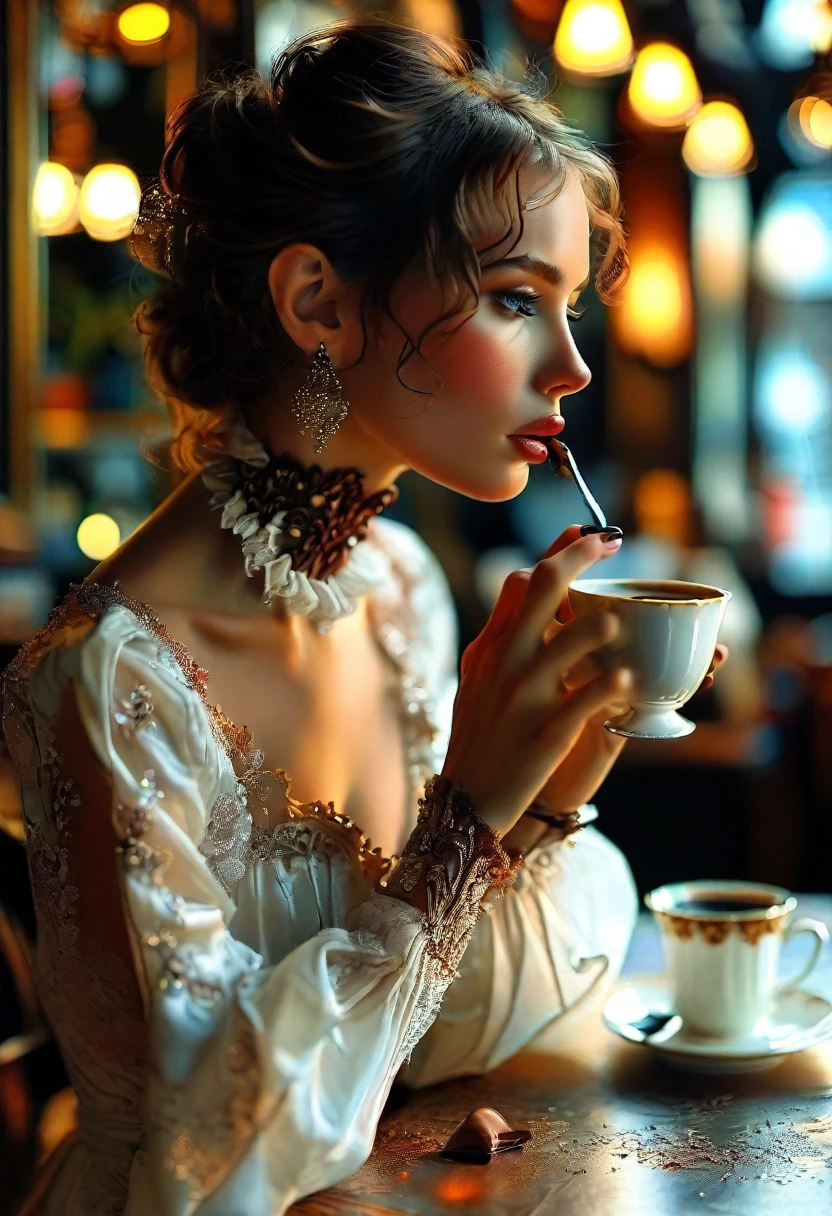 A breathtakingly striking woman, the epitome of elegance, sips on a steaming cup of coffee while delicately biting into a piece of chocolate. She is adorned in a pristine white outfit, her stockings adding a touch of sophistication. The unique art surrounding her in the café only amplifies her beauty. The scene is captured in a high-quality photograph, showcasing every intricate detail of her flawless appearance. The image exudes grace, charm, and refinement, making it an exquisite portrayal of refined beauty and indulgence.