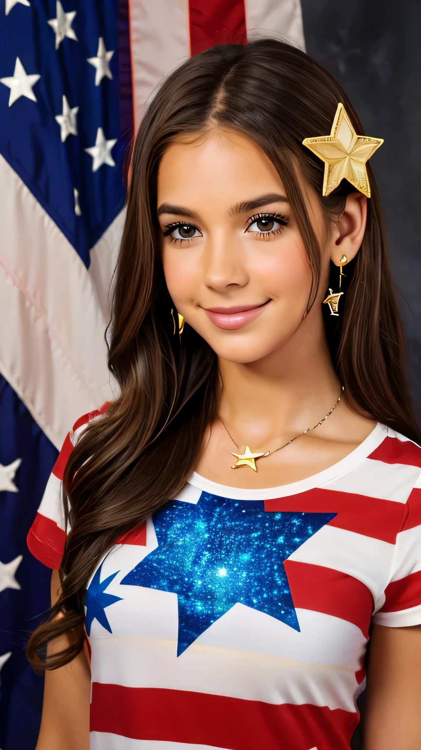 star \(symbol\), star print, star pasties, star hair ornament, american flag, 1girl, starry background, star earrings, star necklace, flag background, yellow shirt, america, solo, brown eyes, long hair, lips, brown hair, collarbone, smile, shirt, looking at viewer