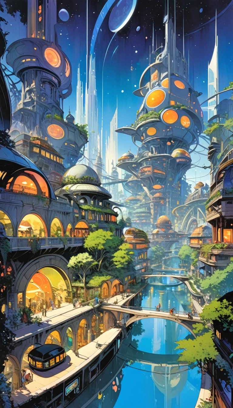 lake city, an impressive city built on a large lake, with canals as streets, lots of vegetation, futuristic elements, artwork by Bill Sienkiewicz , vivid colors, intricate details,
