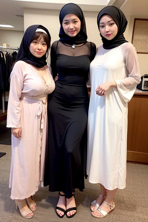 Japanese woman huge breasts, medium dress, with her family sexy pose, hot dress, full body hot body, style hijab modern